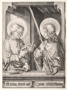 De tolv apostlarna vid gotiska fönster: St. Matthias och St. Judas Thaddaeus av Israhel van Meckenem