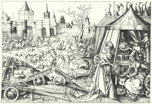 Halshuggningen av den assyriske generalen Holofernes av israeliten Judith av Bethulia, från dikten Judith (gravyr) av Israhel van the Elder Meckenem