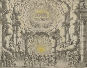 Design för en teateruppsättning skapad av Giacomo Torelli da Fano för baletten 
