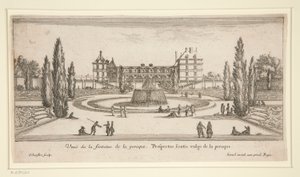 Utsikt över Chateau Liencourt: En innergård med en fontän av Israël Silvestre