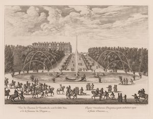 Utsikt över Château de Versailles, från sidan av gränden och drakfontänen av Israël Silvestre