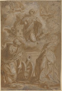 Saint Barbara in Glory med Saints Nicholas och Hieronymus av Italian 16th Century