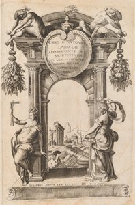 Bok som tillhör arkitekturen [Titelsida] av Italian 16th Century, after Antonio Labacco, published by Giovanni Boni