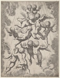 En grupp änglar i ära av Italian 17th Century, after Guido Reni, after Luca Cambiaso