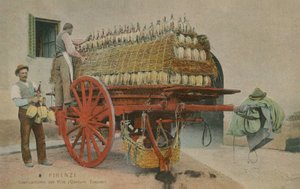 Lastar flaskor vin på en vagn, Florens. Vykort skickat 1913. av Italian Photographer
