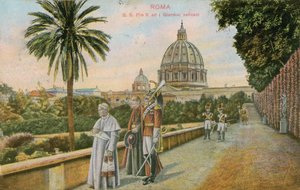Påven Pius X i trädgårdarna i Vatikanen, Rom. Vykort skickat 1913. av Italian Photographer