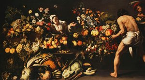 Ett skafferi fyllt med grönsaker, blommor och frukt, av Italian School