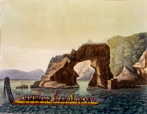 En Maori-befäst utsiktsplats i Nya Zeeland, kombinerad med Maori War Canoe, 1820-30-tal (handfärgad akvatint) av Italian School