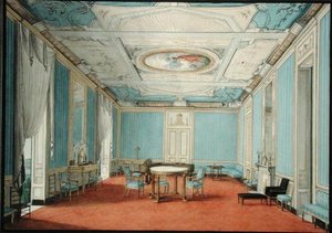 Interiör av ett nyklassiskt palats i Neapel, ca 1830 (gouache och akvarell med guldförhöjning på papper) av Italian School