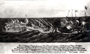 Ett sjöslag mellan den venetianska flottan under general Francesco Morosini (1618-94) mot turkarna utanför Kretas kust, oktober 1645 (olja på duk) (svartvitt foto) av Italian School