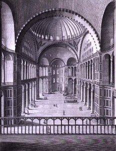 En vy av insidan av moskén Santa Sophia i Konstantinopel tagen 1786, graverad av Domenico Pronti (fl.1788-1815) 1788 (gravyr) av Italian School