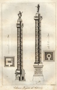 Ett tvärsnittsdiagram av Trajanus kolumn (Trajanus kolumn) (113 e.Kr.) och kolumn av Antoninus Pius (161 e.Kr.) i Rom - gravyr från "Användningar och seder hos alla folk i universum. Det är historien om regeringen, om lagarna, om milisen, om din religion av Italian School