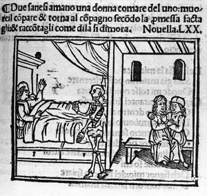 En man som är kär i sin väns fru ersätter honom i äktenskapet när han dör. Illustration för nyheterna 70 (Nyheter 10 av den sjätte dagen) av "Decameron"" av Giovanni Boccaccio dit Jean Boccaccio (1313-1375), italiensk författare. Gravyr i "" Decame av Italian School