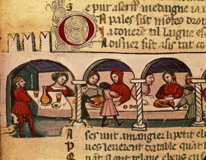En måltid på ett värdshus, från Codex Entree dEspagne av Italian School