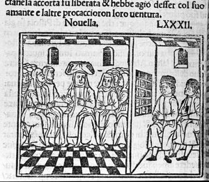 En berättelse om en nunnas kärlek. Illustration för nyheterna 82 (Ny 2 av den nionde dagen) av "Decameron"" av Giovanni Boccaccio dit Jean Boccaccio (1313-1375), italiensk författare. Gravyr i "" Decamerone ouer Cento nouelle"" Venedig, Bartolomeo de 