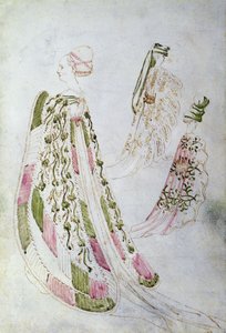 En kvinna och två män i långa rockar, ca 1450 (bläck och akvarell på papper) av Italian School