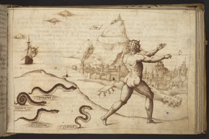 Lägg till. 82955, f.133   Ormar som jagar en mänsklig figur.  , från Historia Animalium, (bestående av 245 ritningar med penna och bläck av olika djurarter och mytiska varelser, var och en åtföljd av en beskrivning.)    1595 av Italian School