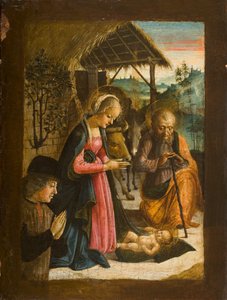 Tillbedjan av barnet med porträtt av donator, ca 1500 (tempera på panel) av Italian School