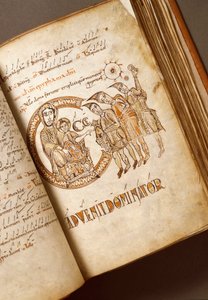 Tillbedjan av Magi-manuskriptet från Bolognesiska skolan. (Ms.123-Foglio 40 r) 1000-talets Rom, Biblioteca Angelica av Italian School