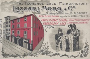 Annons för Lazzari Moro & Co spets, Florens; Italien (färg litho) av Italian School