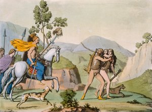 Forntida keltiska krigare på ett razzia möter ett par på jakt, ca 1800-18 (färgad gravyr) av Italian School