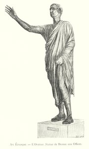 Etruskisk konst, Oratorn, bronsstaty vid Uffizi (gravyr) av Italian School