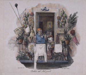 Balkong vid den lilla piren i Neapel, Italien, 1800-talet (litografi) av Italian School