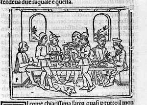Bankettscen i närvaro av medlemmar av den florentinska adeln. Illustration för "Decameron"" av Giovanni Boccaccio dit Jean Boccace (1313-1375), italiensk författare. Gravyr i "" Decamerone ouer Cento nouelle"" Venedig, Bartolomeo de 
