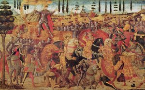 Strid mellan Darius (399-330 f.Kr.) och Alexander den store (356-323 f.Kr.) (olja på panel) av Italian School