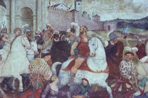 Stridsscenen utanför stadsmuren, ca 1460-talet (fresk) av Italian School