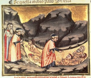 Canto XXXIII Dante och Vergilius möter Ugolino i de förrädiskas cirkel, från den gudomliga komedin (inferno), ca 1313 av Italian School