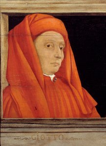 Cassone med 5 porträtt av mästaren under den florentinska renässansen, detalj med porträttet av Bondone Ambrogio dit Giotto di Bondone (ca 1267-1337), 1500-talets italienska skola, olja på trä. Inskriften nedan är troligen successiv. Museet d av Italian School