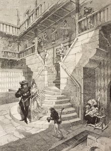 Slottsgård, medeltida by i Turin, Italien, gravyr av Bonamore från L