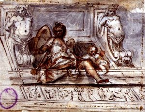 Takdesign med Muse of Music, c.1700 (penna och bläck med akvarell på papper) av Italian School