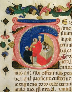 Firande av eukaristin, från en Mariegola från lekmannagillet St. Hieronymus, ca 1400 (bläck & bladguld på veläng) av Italian School
