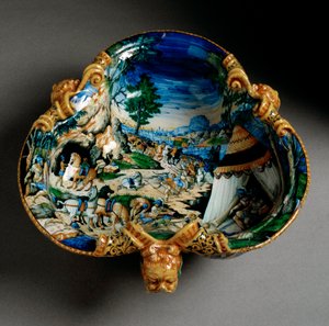 Keramisk kopp i form av en trefle dekorerad av representationen av Hannibal under korsningen av Alperna producerad i Urbino i verkstaden Fontana, Italien. 1550 runt Florens, Museo Nazionale del Bargello av Italian School