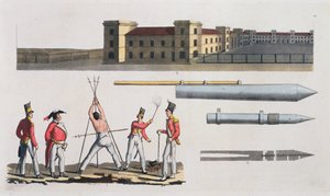 Chatham Barracks, ett militärt straff kallat Triangle and Congreve Rockets, skylt 17 från The History of the Nations (akvatint) av Italian School