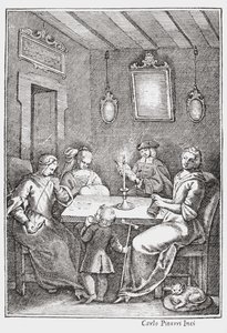 Chiaqlira läser berättelser för en syfest, framsidan av The Pentamerone of Giambattista Basile, 1742 av Italian School