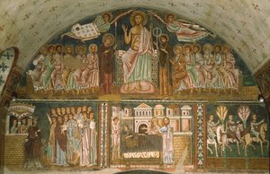 Kristus tronade mellan Jungfrun, Johannes Döparen, apostlarna och två änglar av Italian School