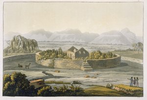 Cirkulär fästning i Cannar, Peru, från Le Costume Ancien et Moderne, Volym II, plåt 1, av Jules Ferrario, publicerad ca 1820-30-talet av Italian School
