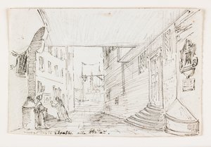 City Street i Genua, med fyren och hamnen i bakgrunden, tidigt 1800-tal (penna och brunt bläck över svart krita) av Italian School