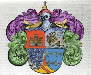 Vapensköld av navigatören Christopher Columbus (1451-1506): de fyra delarna av ecu representerar överst staden Kastilien och León, nedanför de avtäckta öarna och admirautens symbolankare. Gravyr från boken "" Navigationi och Viaggi"" av Italian School