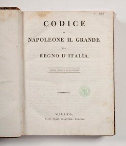 Napoleon den stores kod för kungariket Italien, öppen på titelsidan, publicerad Milano, dalla reale Stamperia, 1806 (tryckt papper) av Italian School