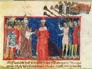 Codex Correr I 383 Doge Sebastiani Ziani får en petition från påven Alexander III (1159-81) och kejsar Fredrik Barbarossa (ca 1123-90) av Italian School