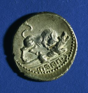 Mynt av de kursiva stammarna som visar en tjur som attackerar den romerska vargen, 89-90 f.Kr. (silver)