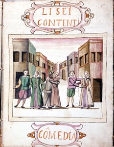 Komedi av Li sei contenti efter manuskriptvolymen "Scenarier av de mest utvalda histrionerna" "(1621 - 1643). Rom, Accademia dei Lincei. av Italian School