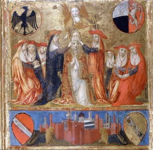 Kröning av Pius II (Enea Silvio Piccolomini) (1405 till 1464). Italiensk påve (1458-1464). På nedervåningen ligger den befästa staden Siena. Bicherna (omslaget till Sienas räkenskapsregister) från 1460. Nationellt arkiv - Museo delle Tavolette de B av Italian School