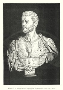 Cosimo I, Byst i marmor och porfyr, av Benvenuto Cellini, vid Uffizi (gravyr) av Italian School