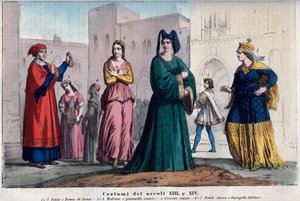 Dräkter i Siena mellan 1300- och 1400-talet - kläder i Siena mellan 1300- och 1400-talet - gravyr från "" Usi e kostymer för alla universums folk. Det är historien om regeringen, lagarna, milisen, religionen för alla n av Italian School