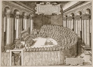 Council of Trent, 1563, från en etsning publicerad i Venedig 1565, illustration från The Church of England: A History for the People av H.D.M. Spence-Jones, pub. ca 1910 (sepiafoto) av Italian School
